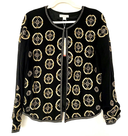 MONSOON Evening Jacket 16 Black & Gold Embroidery Beads Round Neckline BNWT