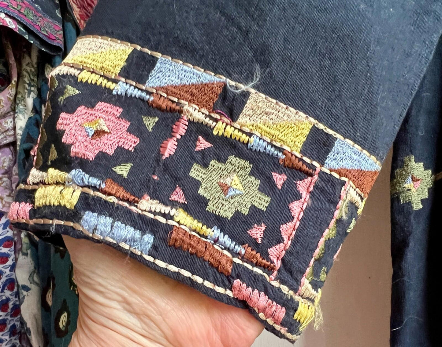 ZARA Coat XS Blue Cotton Embroidered Boho Ethnic Kimono Jacket Long Sleeves