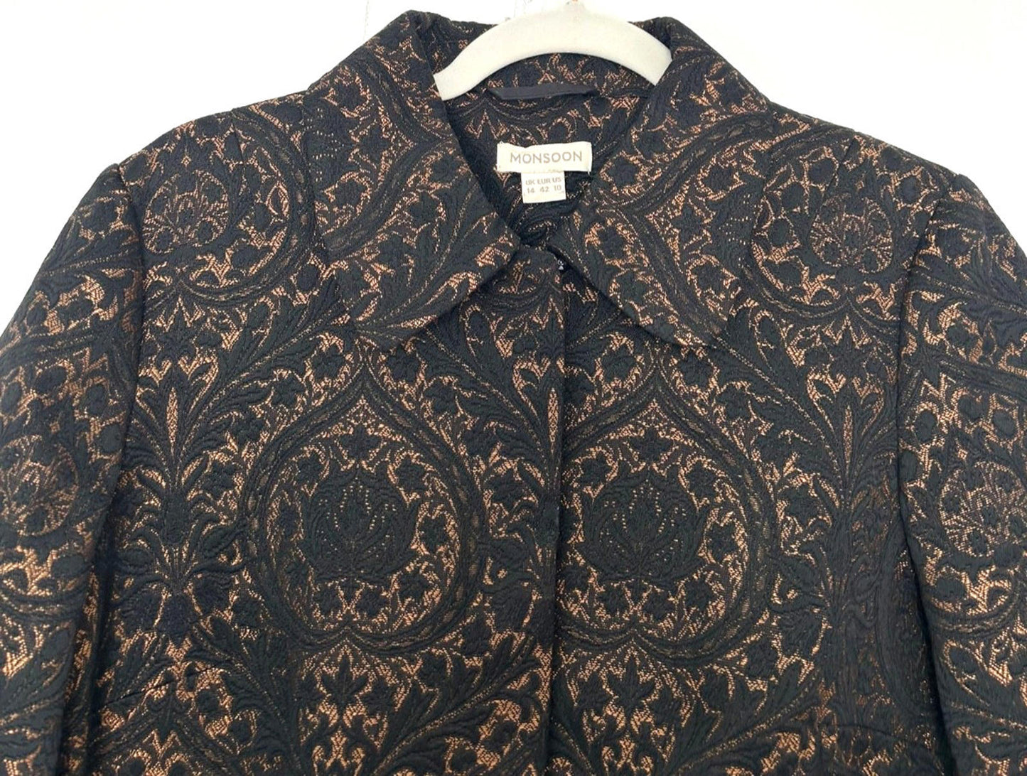 MONSOON Coat 14 Black & Bronze Brocade Concealed Fastenings Long Sleeves