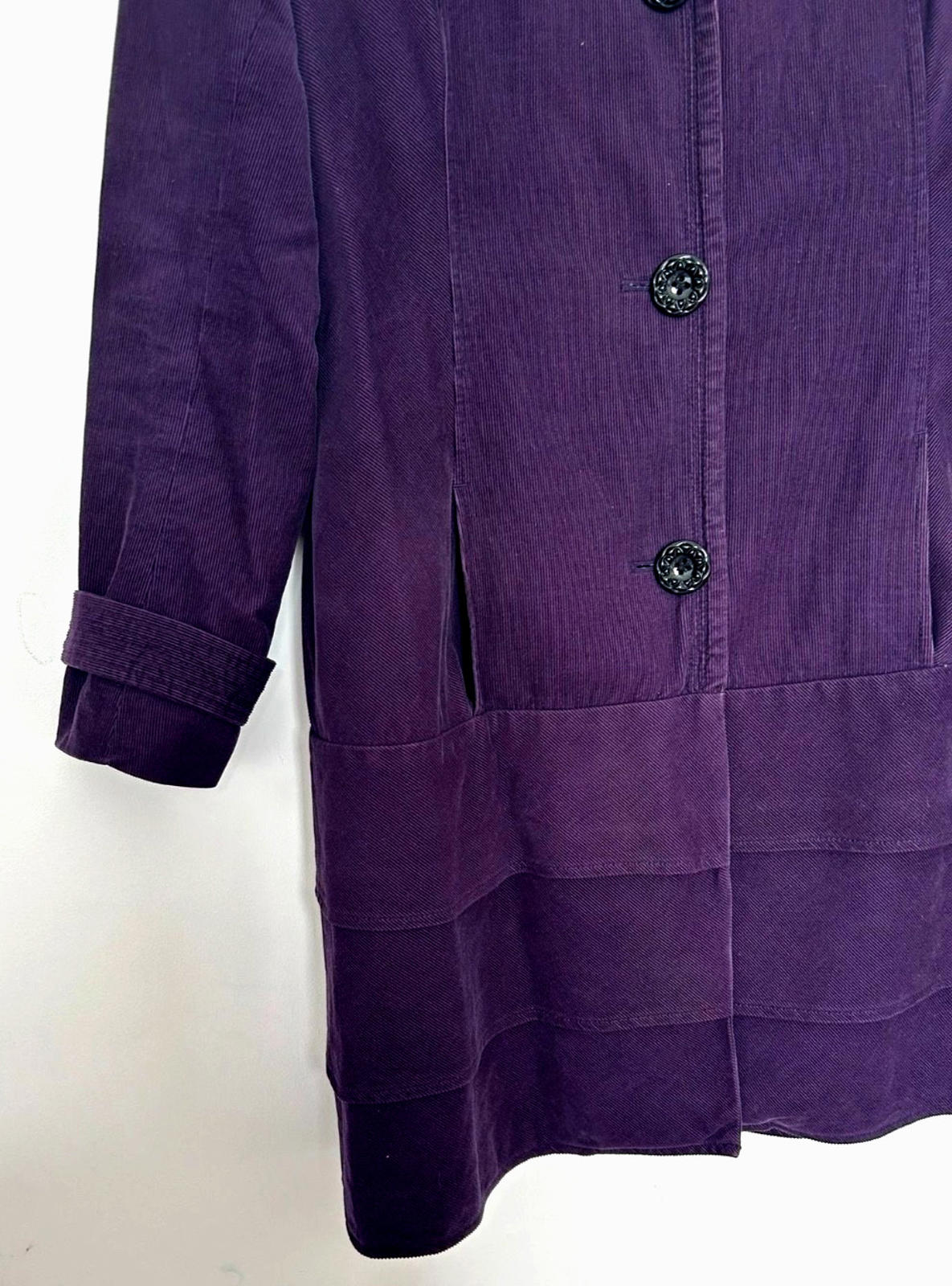 PER UNA Coat 12 Deep Purple Cotton Needle Cord Layered Hemline Lined Pockets