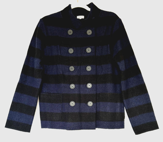 EAST Jacket M Blue & Black Striped Boiled Wool Pea Coat Buttons