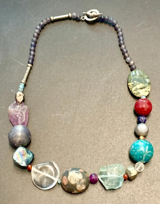 Necklace Lapis, Ocean Jasper, Fluorite, Ruby,  Amazonite, Silver
