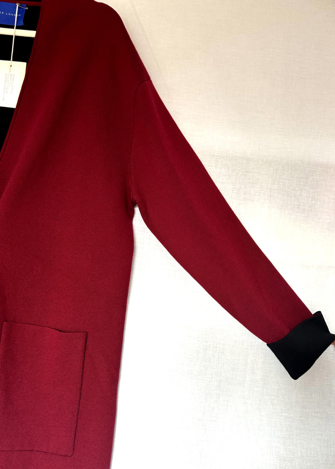 WINSER LONDON Coatigan Large Burgundy & Black Wool Blend Pockets Knitted BNWT