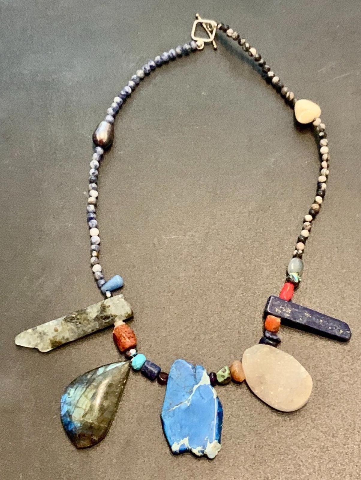 Necklace Lapis, Labradorite, Druzy Quartz, Coral,  Prehnite, Silver