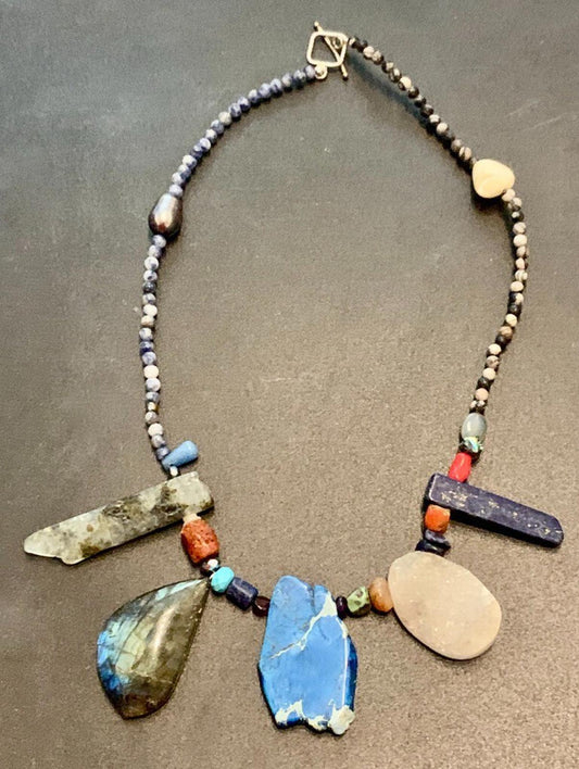 Necklace Lapis, Labradorite, Druzy Quartz, Coral,  Prehnite, Silver
