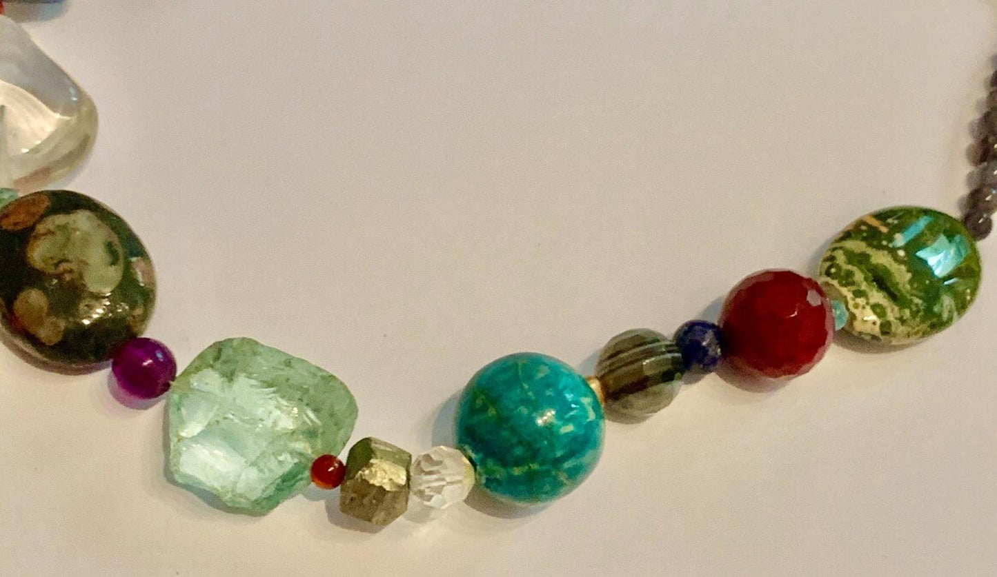 Necklace Lapis, Ocean Jasper, Fluorite, Ruby,  Amazonite, Silver