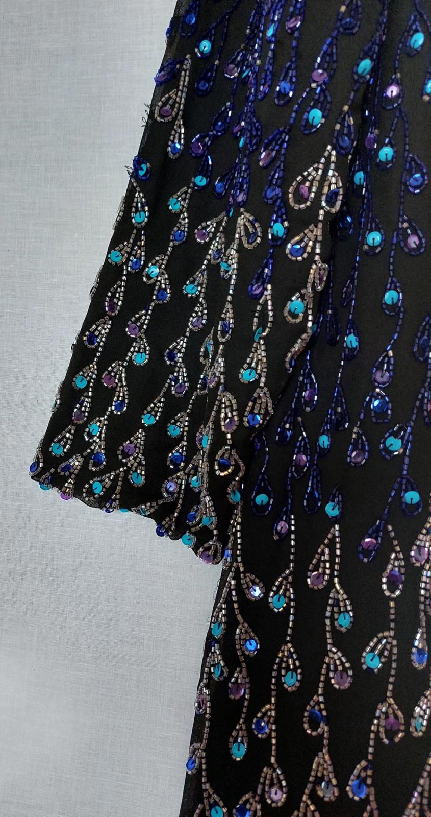 Evening Jacket 22 Black Blue Sequins Beads Lined Long Sleeves Midi Length