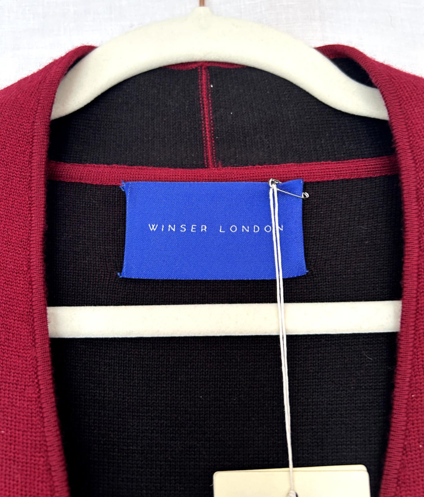 WINSER LONDON Coatigan Large Burgundy & Black Wool Blend Pockets Knitted BNWT