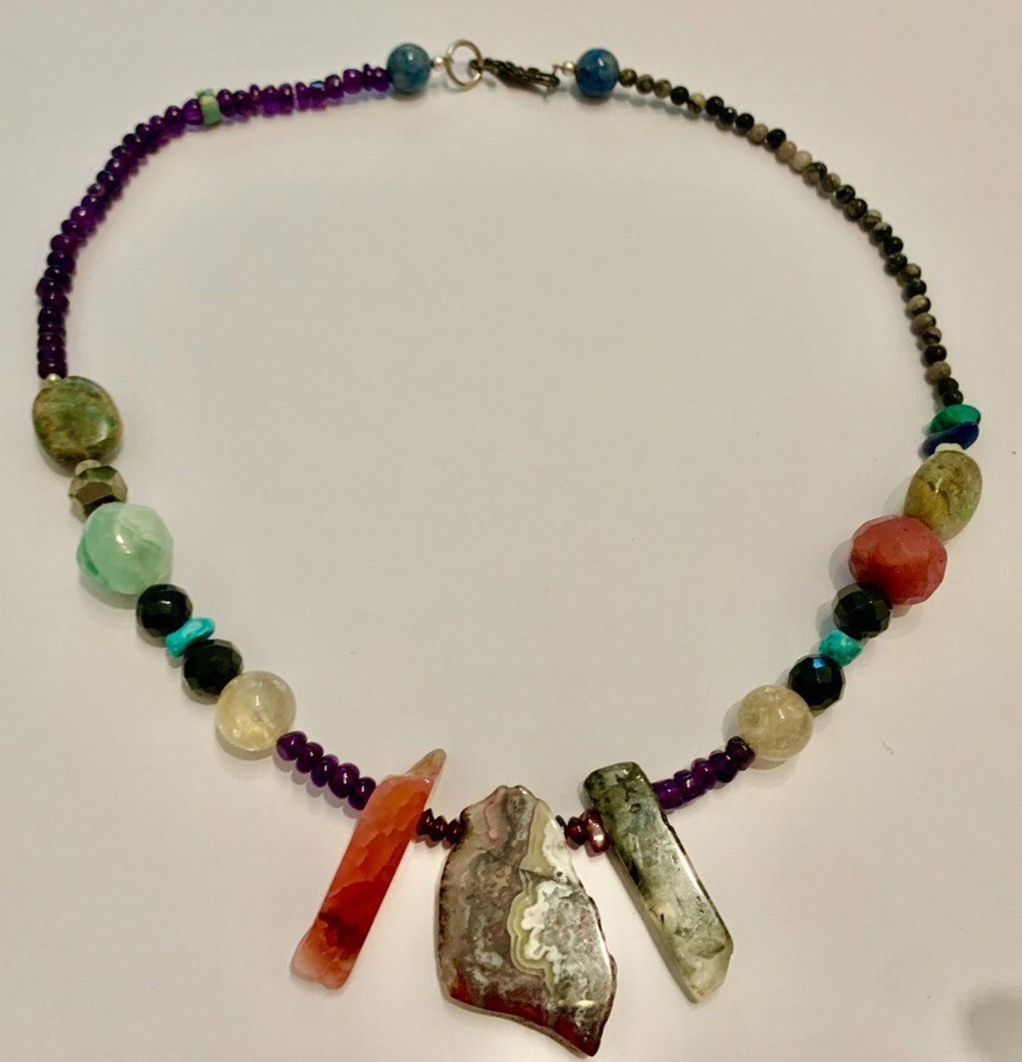 Necklace Mexican Crazy Lace Agate, Prehnite, Ruby, Pearl, Turquoise, Bali