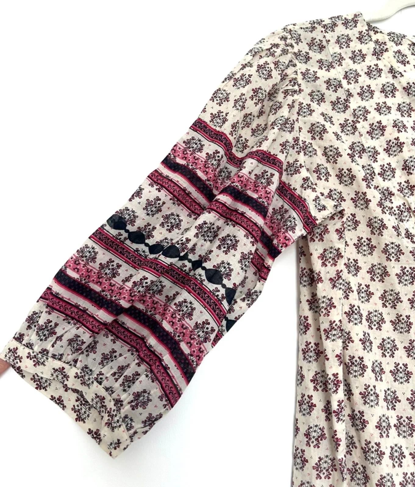 Per Una Tunic Top Medium Cotton Block Printed Faux Wrap Contrast Sleeves