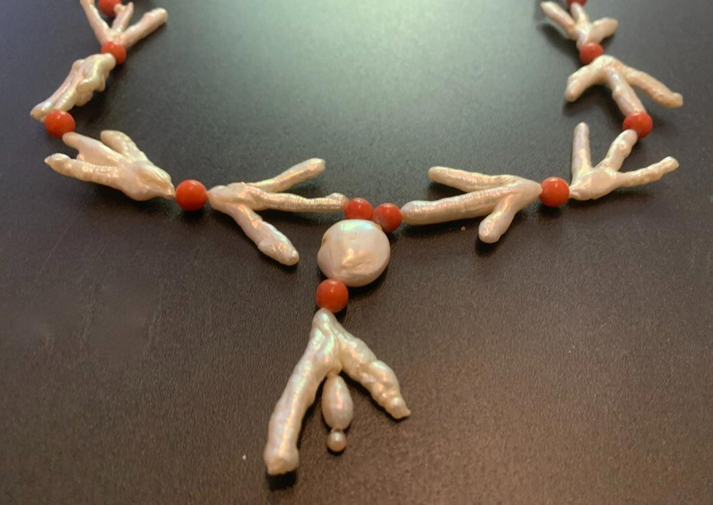 Necklace Large Baroque Pearl and Coral Beads Boho 20 ins