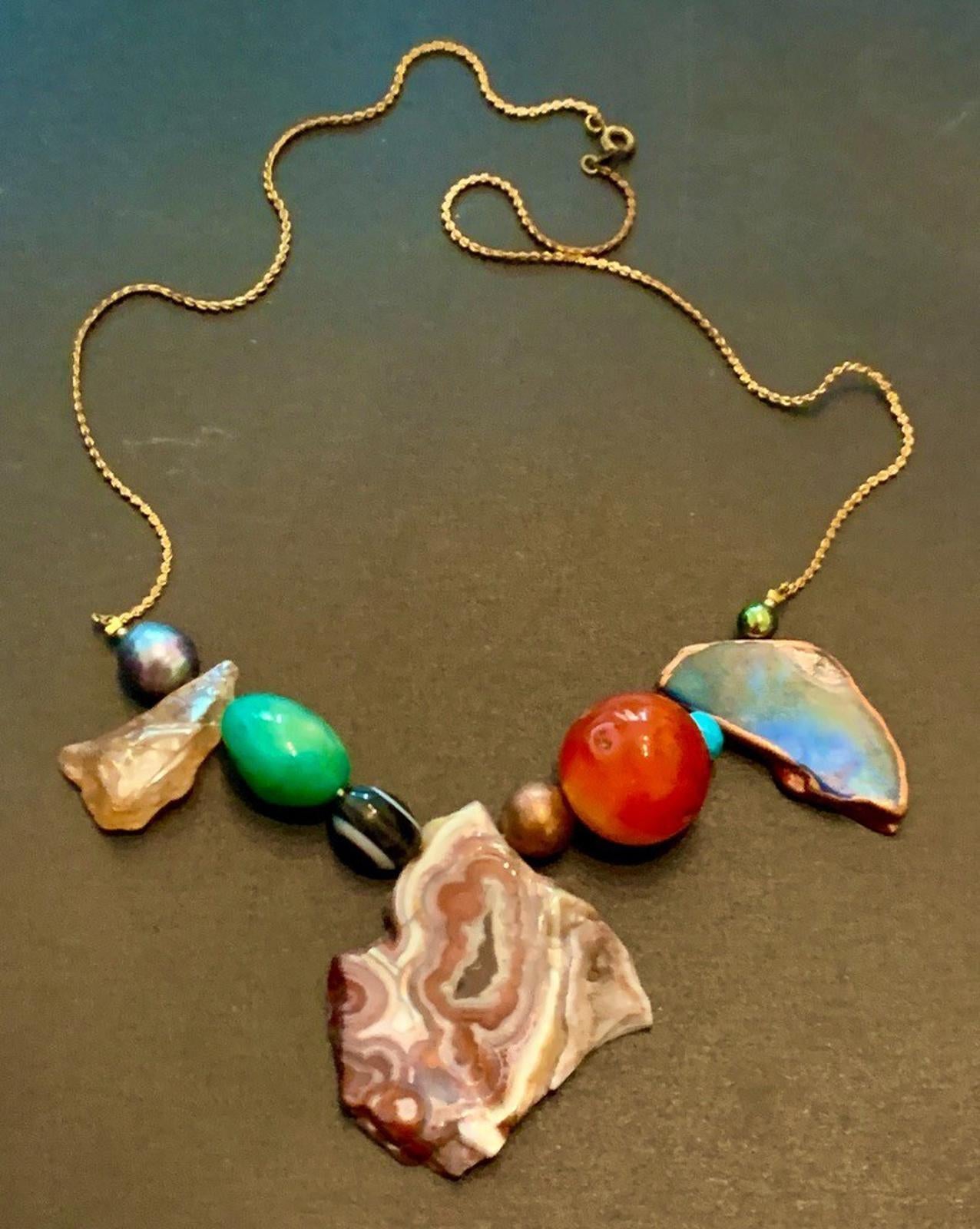 Necklace Mexican Lace Agate Carnelian Citrine Pearl Agate Copper 22 ins