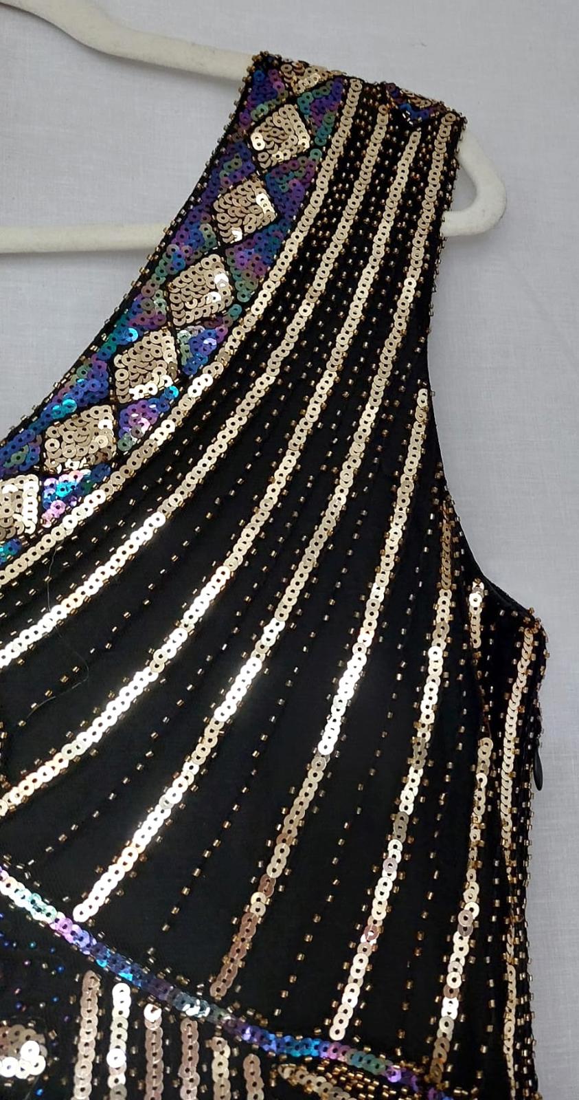 Dress 12/14 Black with Sequins V-Neck Fully Lined Tasselled Hem BNWOT