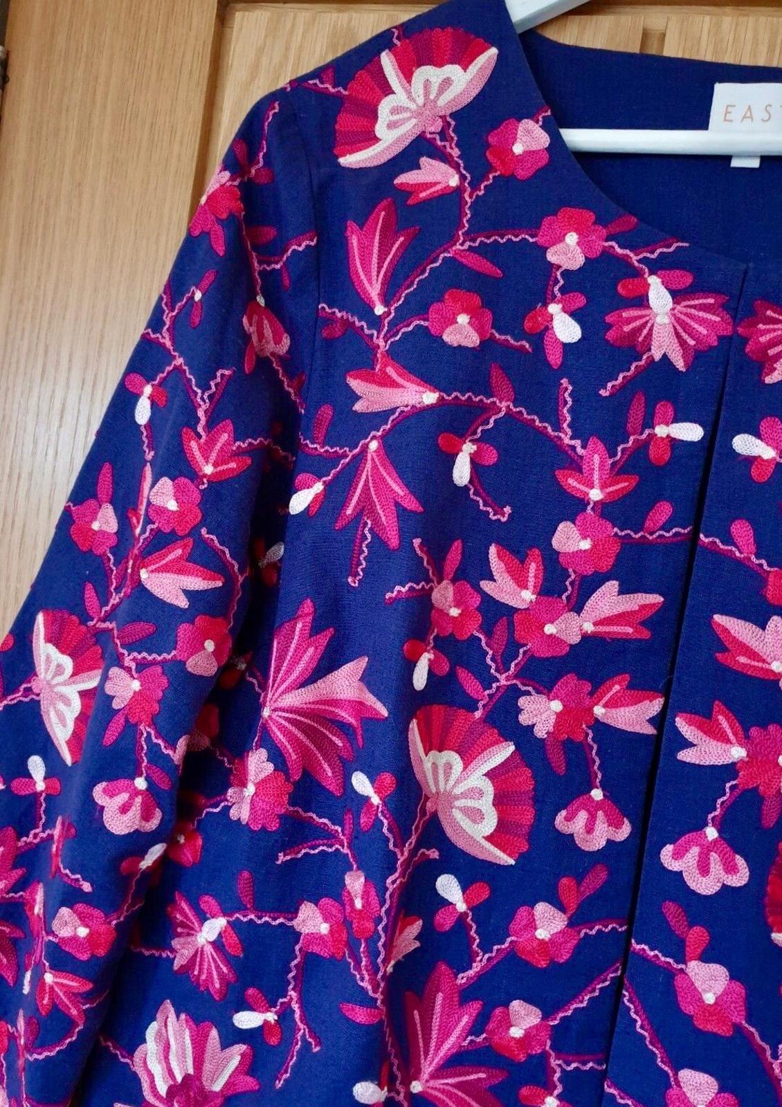 EAST Coat S/M Blue & Pink  Embroidered Cotton & Linen Midi Length Round Neck