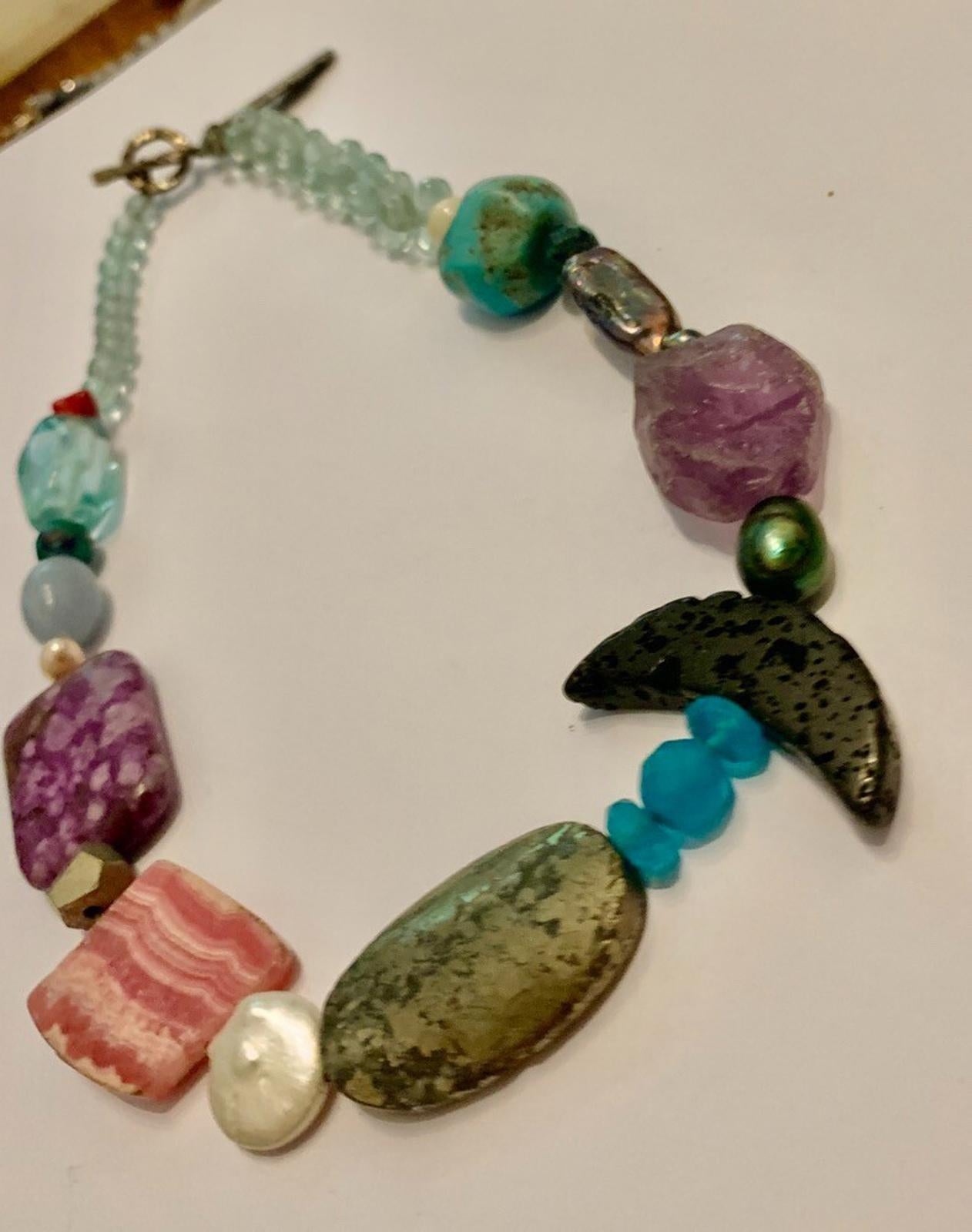 Necklace Rhodochrosite, Lava, Pyrite, Fluorite, Pearl, Turquoise, Charoite