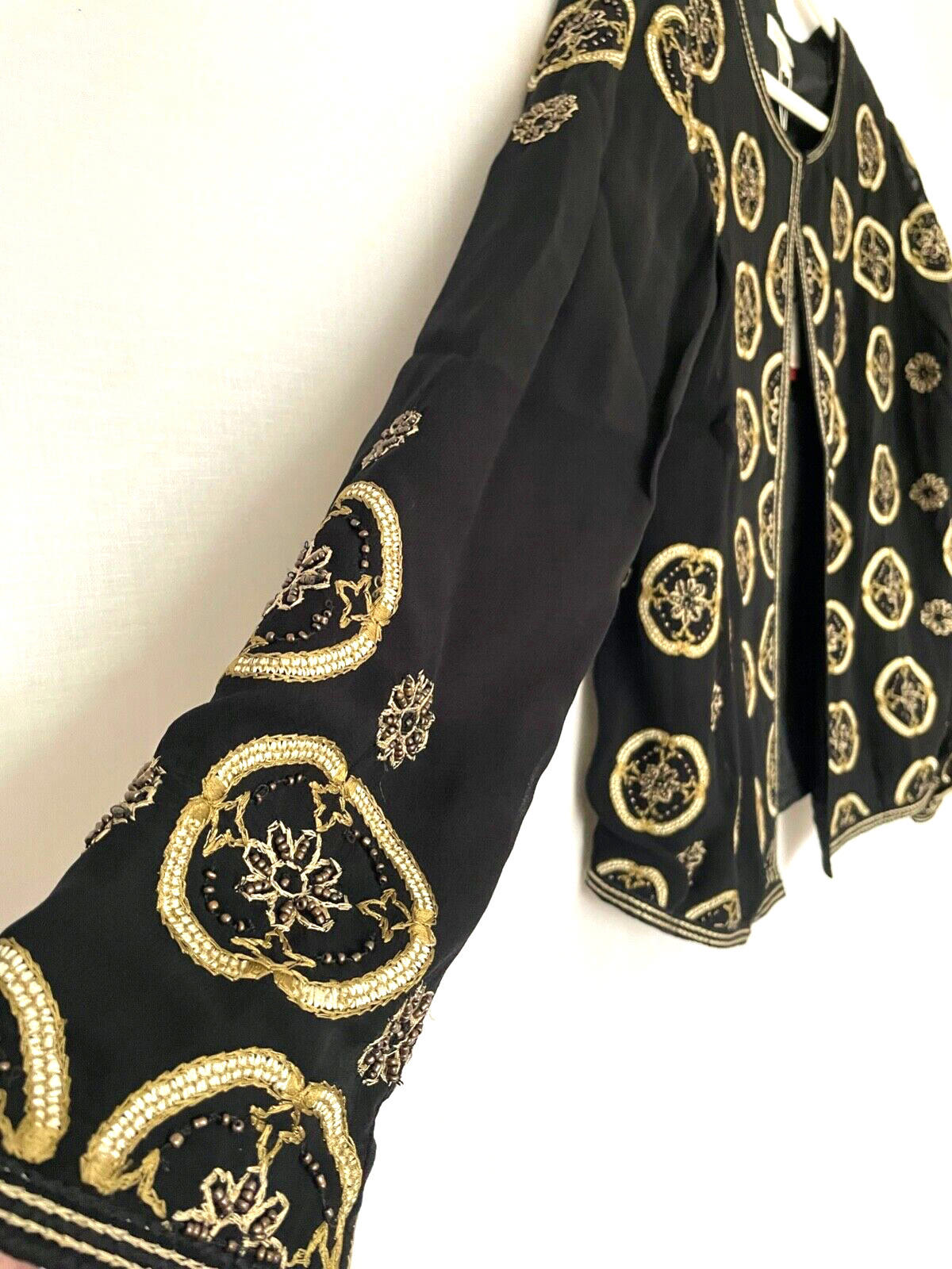MONSOON Evening Jacket 16 Black & Gold Embroidery Beads Round Neckline BNWT