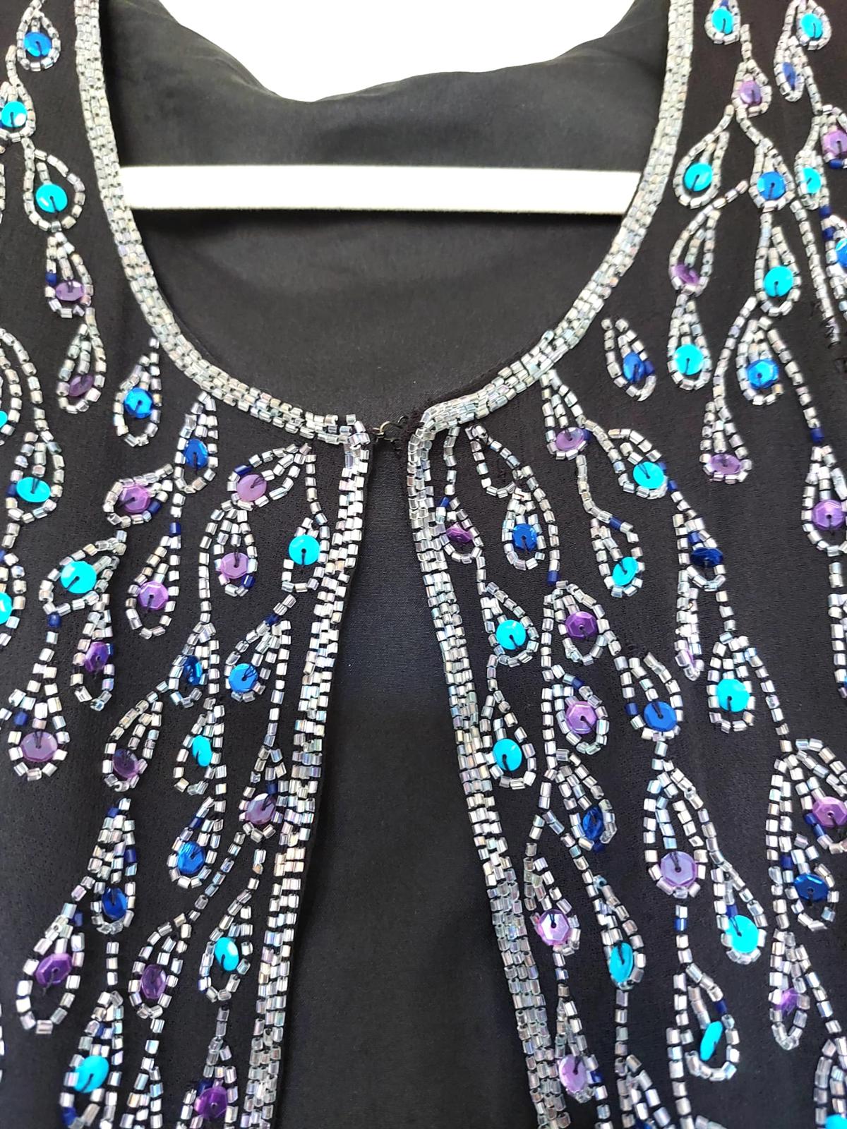 Evening Jacket 22 Black Blue Sequins Beads Lined Long Sleeves Midi Length