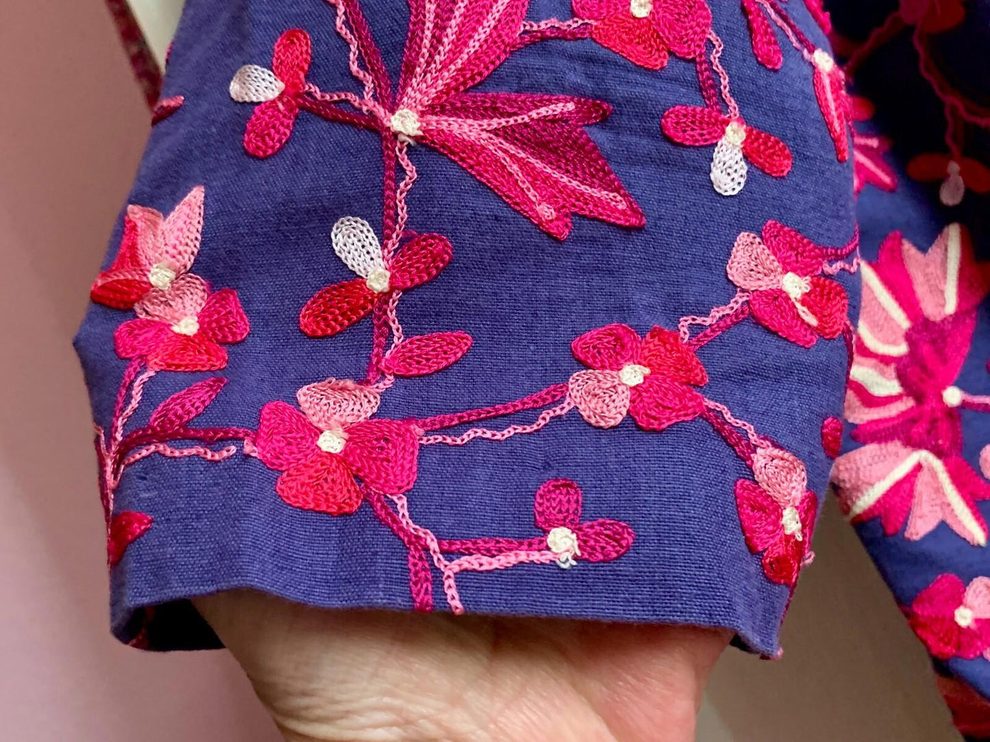 EAST Coat S/M Blue & Pink  Embroidered Cotton & Linen Midi Length Round Neck