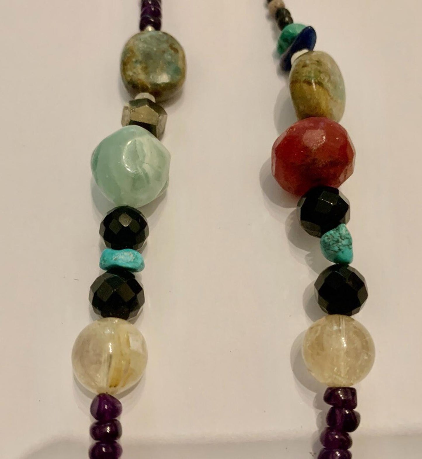 Necklace Mexican Crazy Lace Agate, Prehnite, Ruby, Pearl, Turquoise, Bali