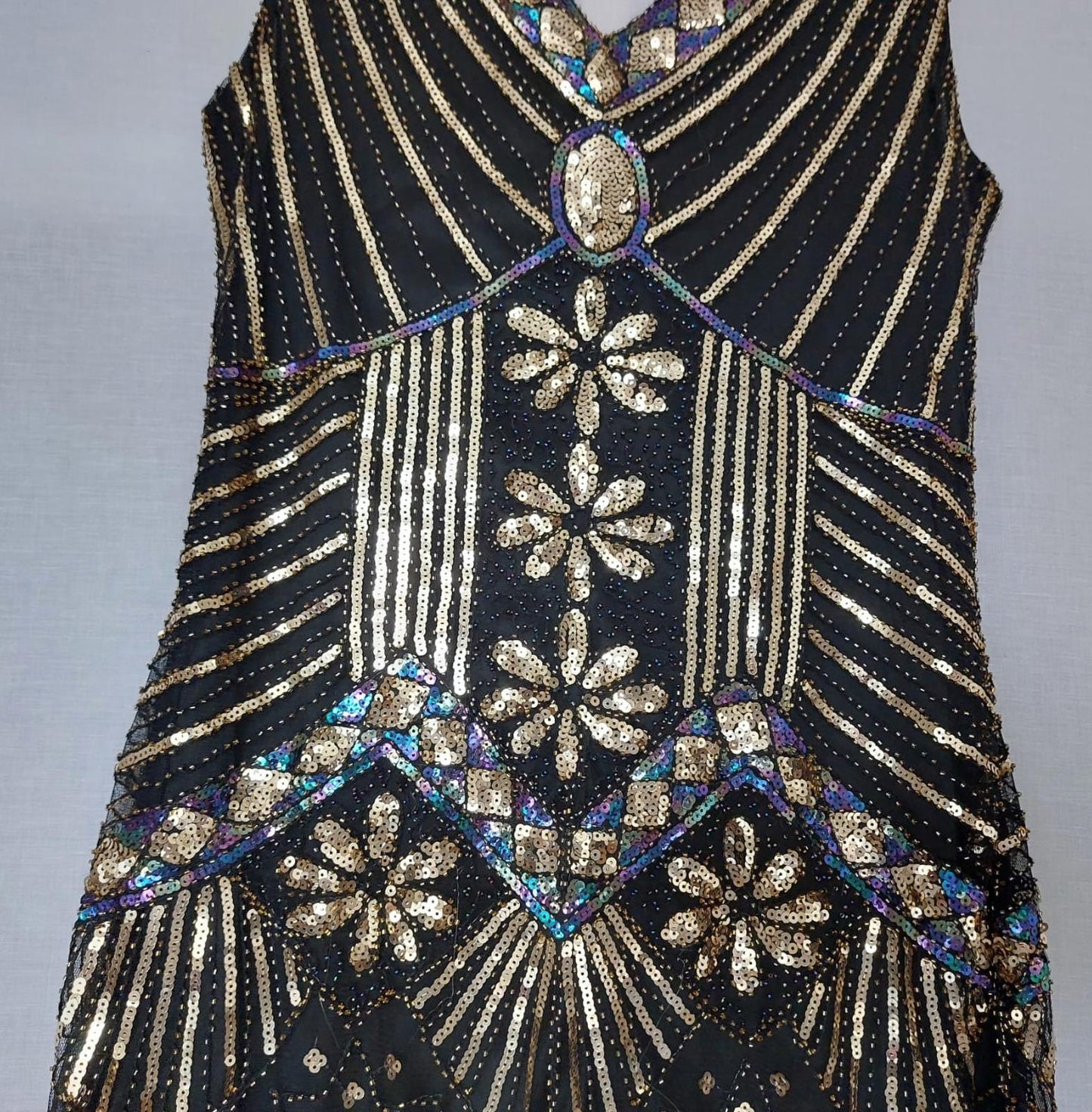 Dress 12/14 Black with Sequins V-Neck Fully Lined Tasselled Hem BNWOT