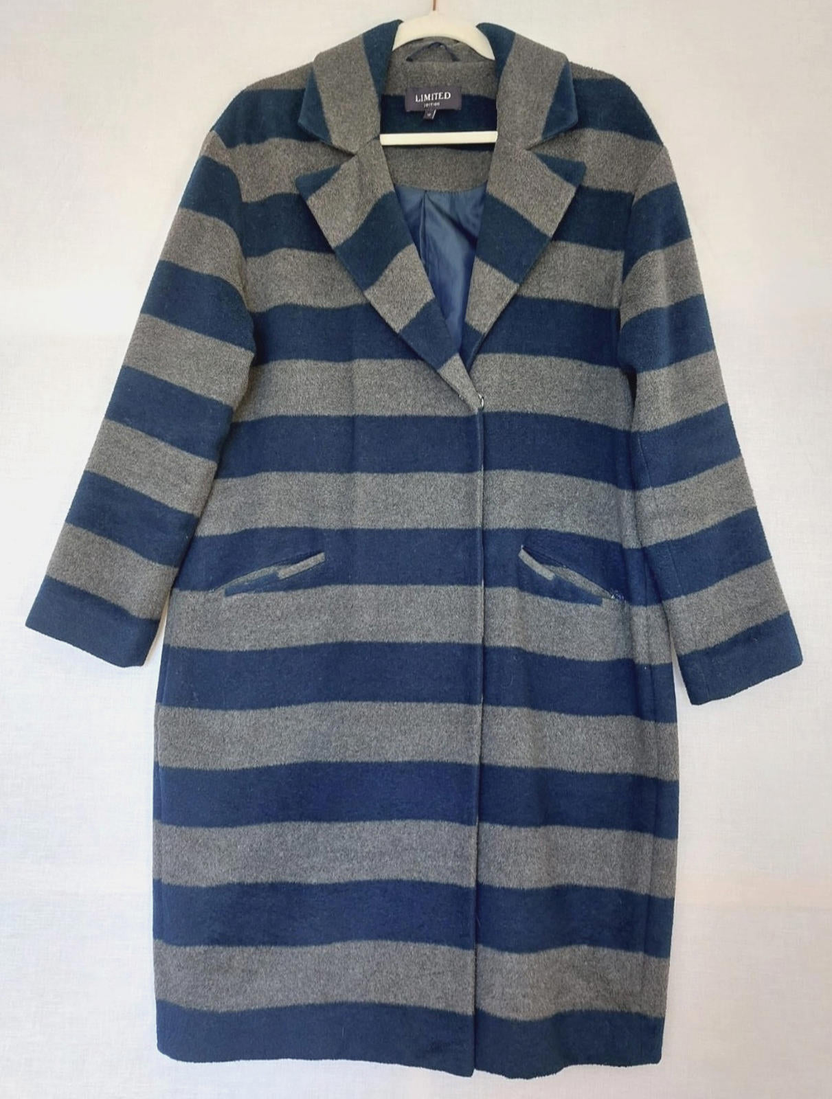 M&S Limited Edition Coat 12 Navy & Grey Stripe Pockets Lined Fleece Style Fabric
