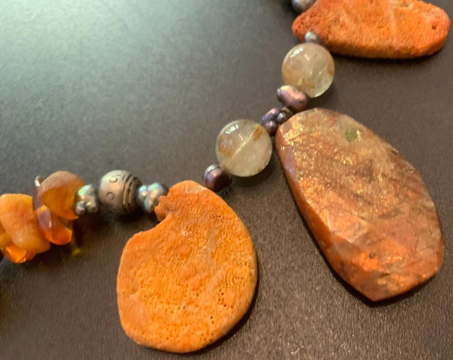 Necklace Sunstone Raw Coral Amber Carnelian Pearl Citrine 22 ins