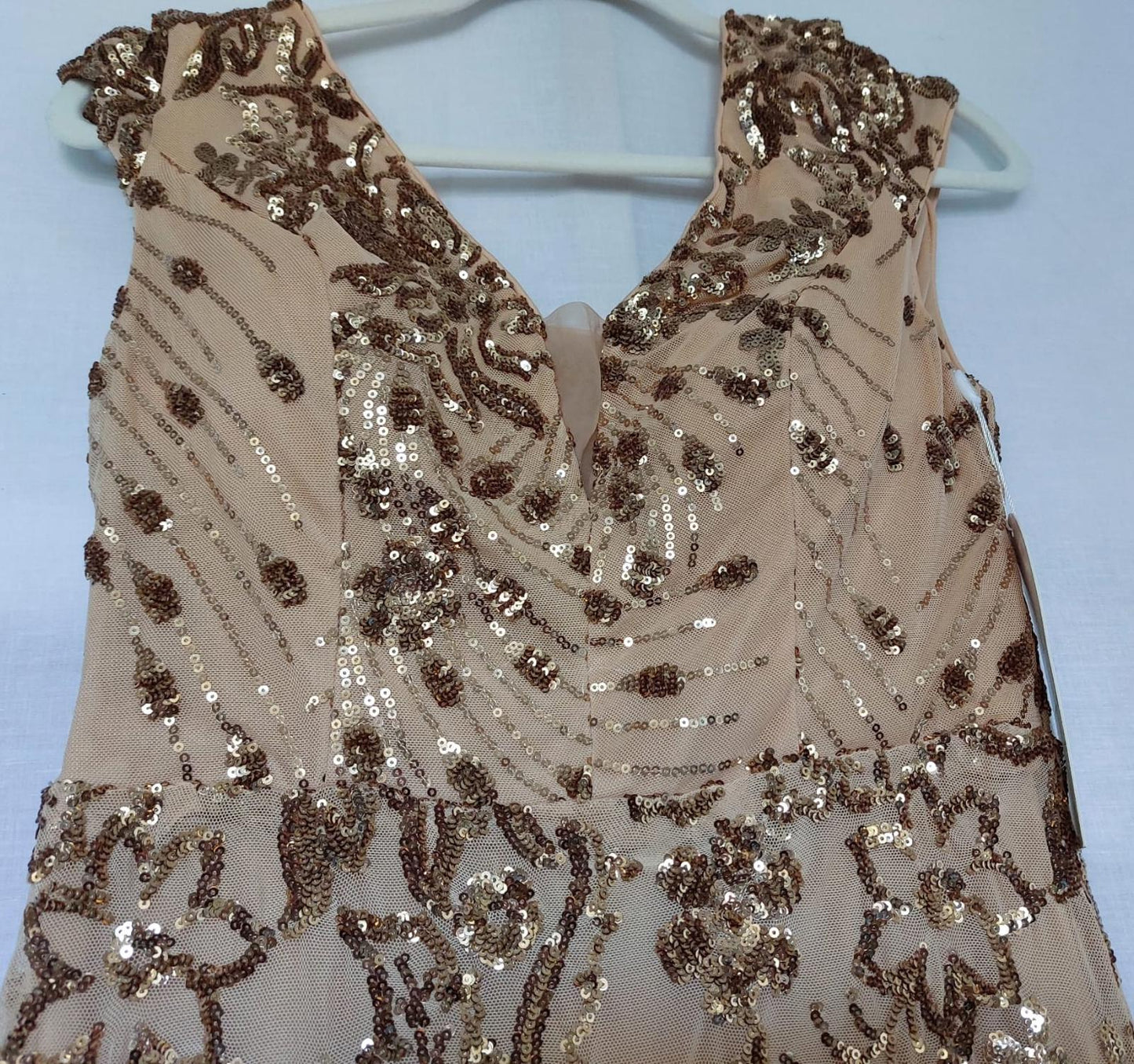 Evening Dress Medium Champagne Gold Lined Sequins Bust Padding Maxi Length BNWT
