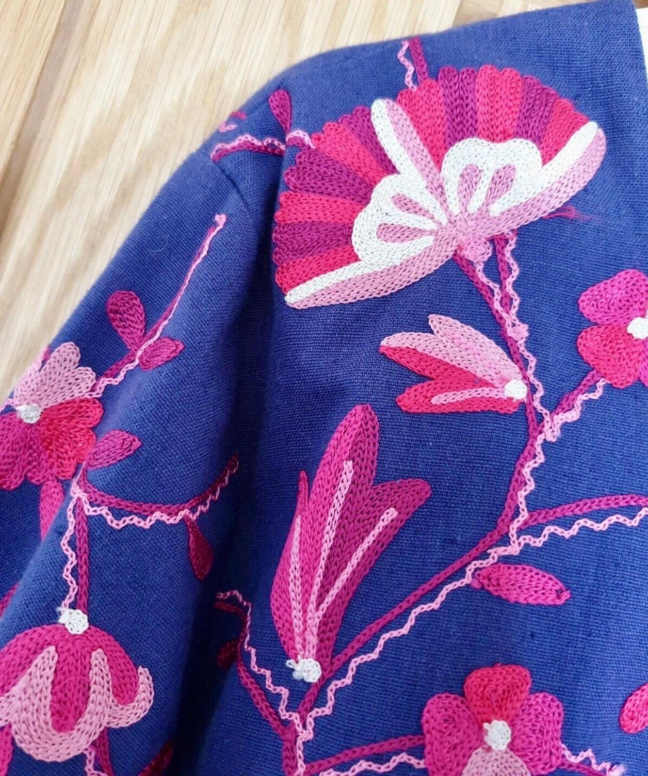 EAST Coat S/M Blue & Pink  Embroidered Cotton & Linen Midi Length Round Neck