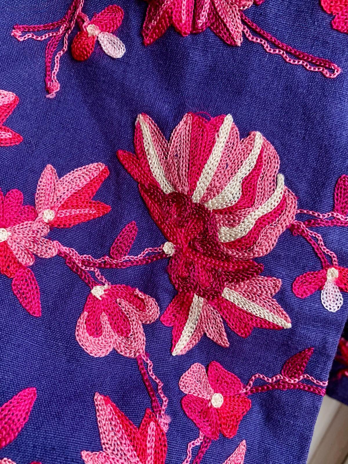 EAST Coat S/M Blue & Pink  Embroidered Cotton & Linen Midi Length Round Neck