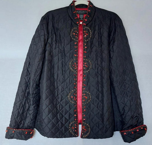 SILKLAND Jacket XL Black 100% Silk Beads Stones Lined Long Sleeves