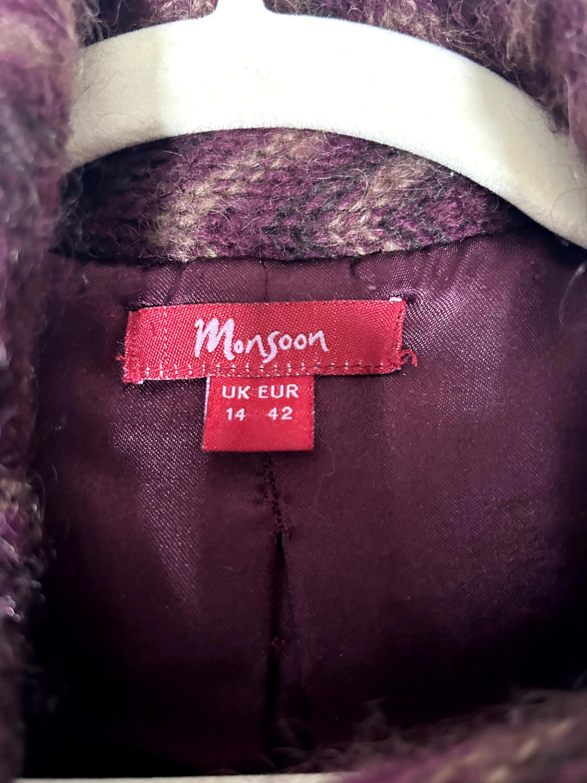 MONSOON Jacket Coat 14 Wool Y2K Vintage Purple Zig Zag Long Sleeves Lined