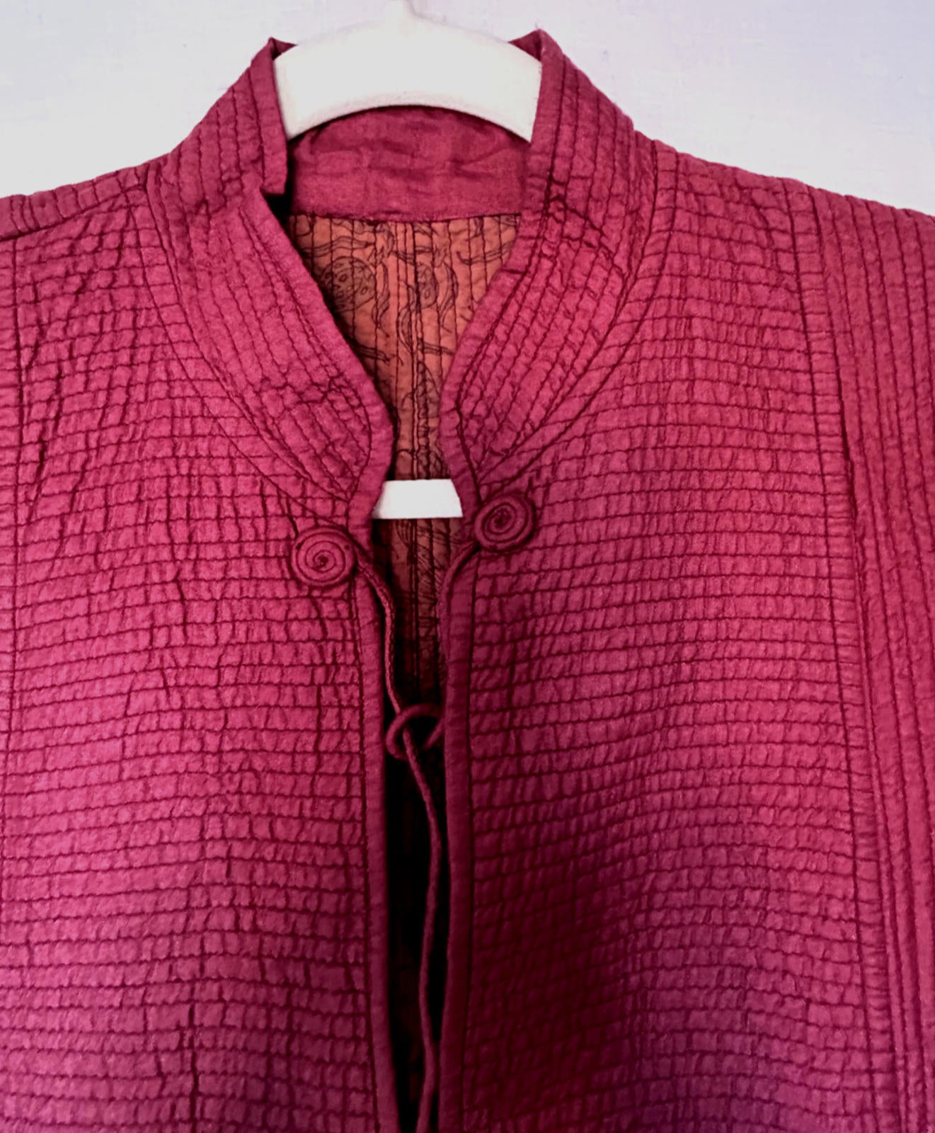 Quilted Jacket Coat S/M Cotton Raspberry Long Sleeve Tassel Fastening
