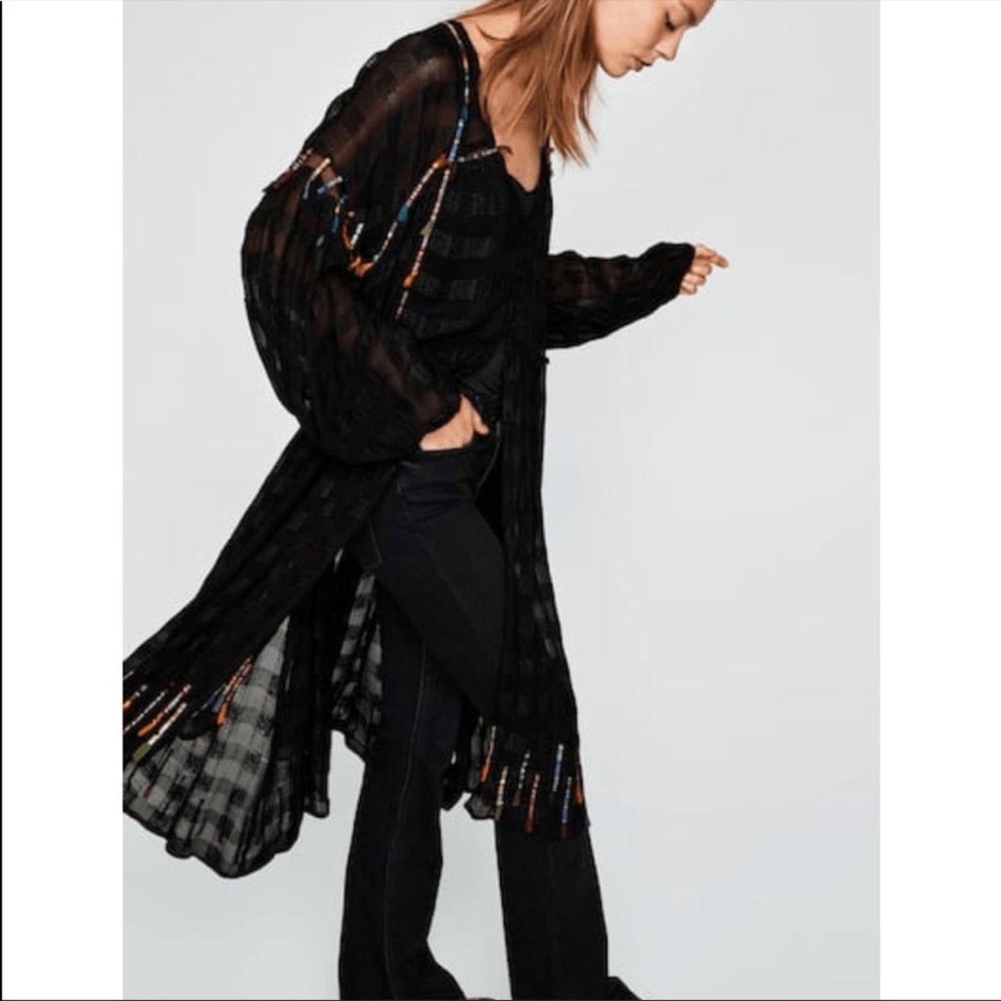 ZARA Jacket Coat Small Black Sheer Colourful Tassels Midi Length Long Sleeves
