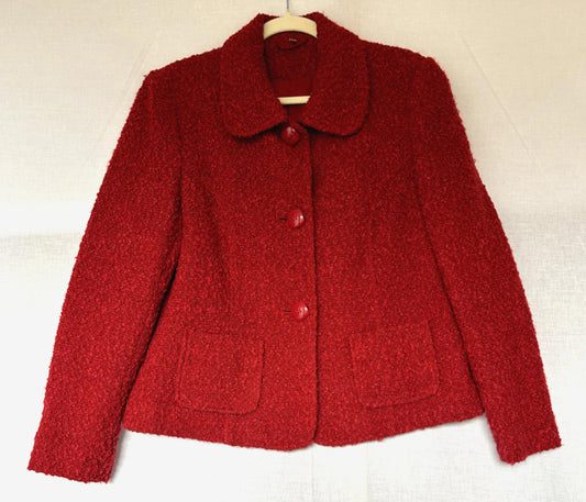 Jacket Pea Coat 14 Red Boucle Button Through Wool Blend Lined with Pockets