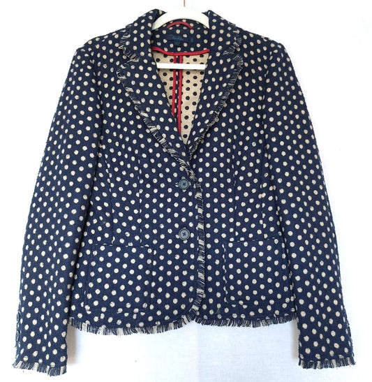 BODEN Jacket 12 Navy Spot Wool Blend Pockets Fringe Trim