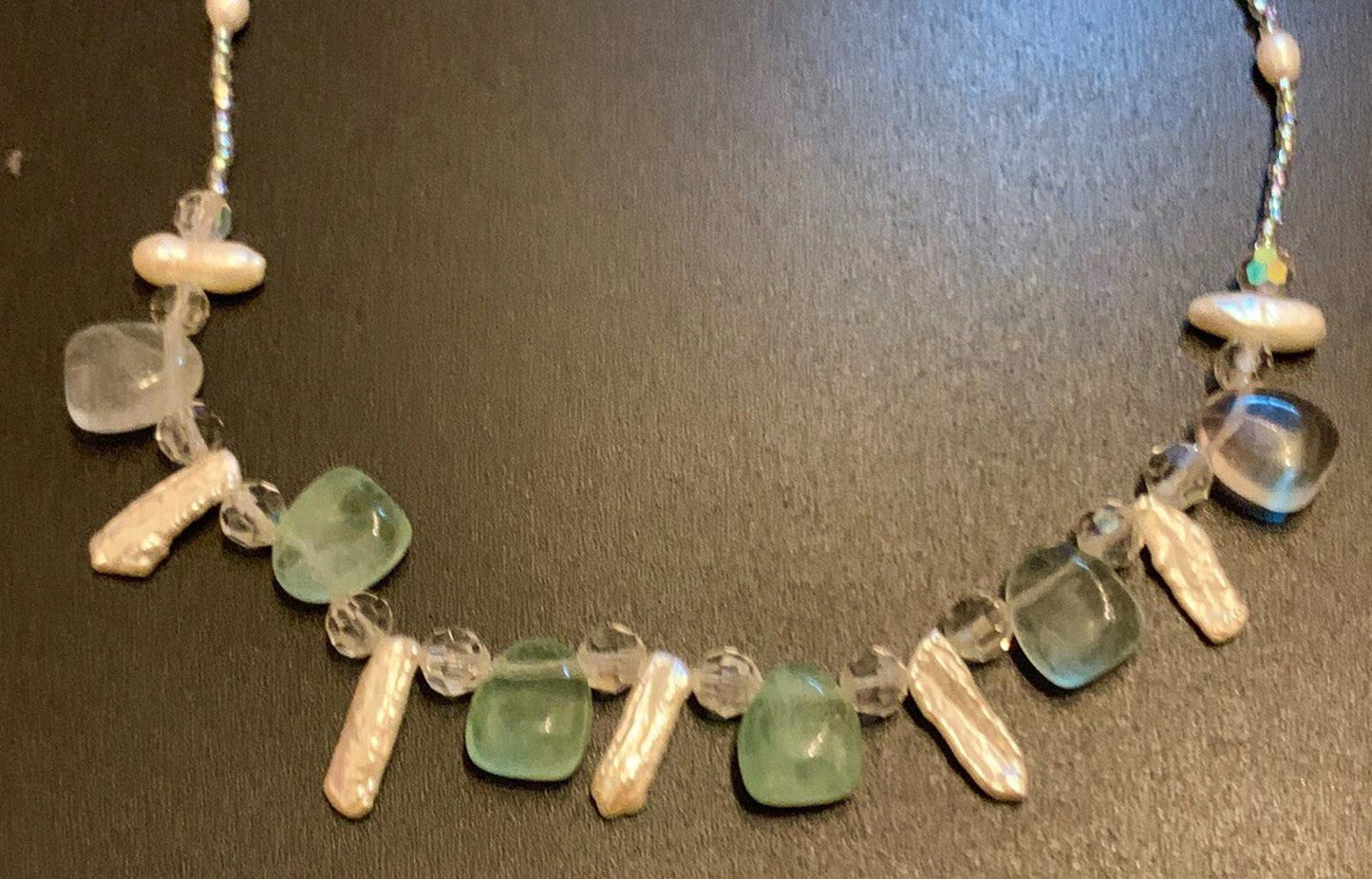 Necklace Green Fluorite Nuggets Pearl Crystal Silver Toggle 16 ins