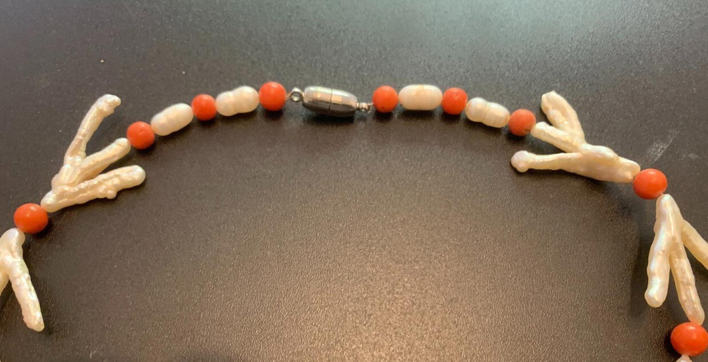 Necklace Large Baroque Pearl and Coral Beads Boho 20 ins