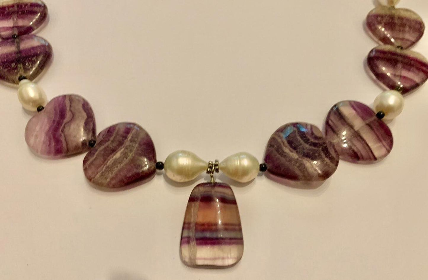 Necklace Fluorite Large Rainbow Heart & Pearl Boho 22 ins