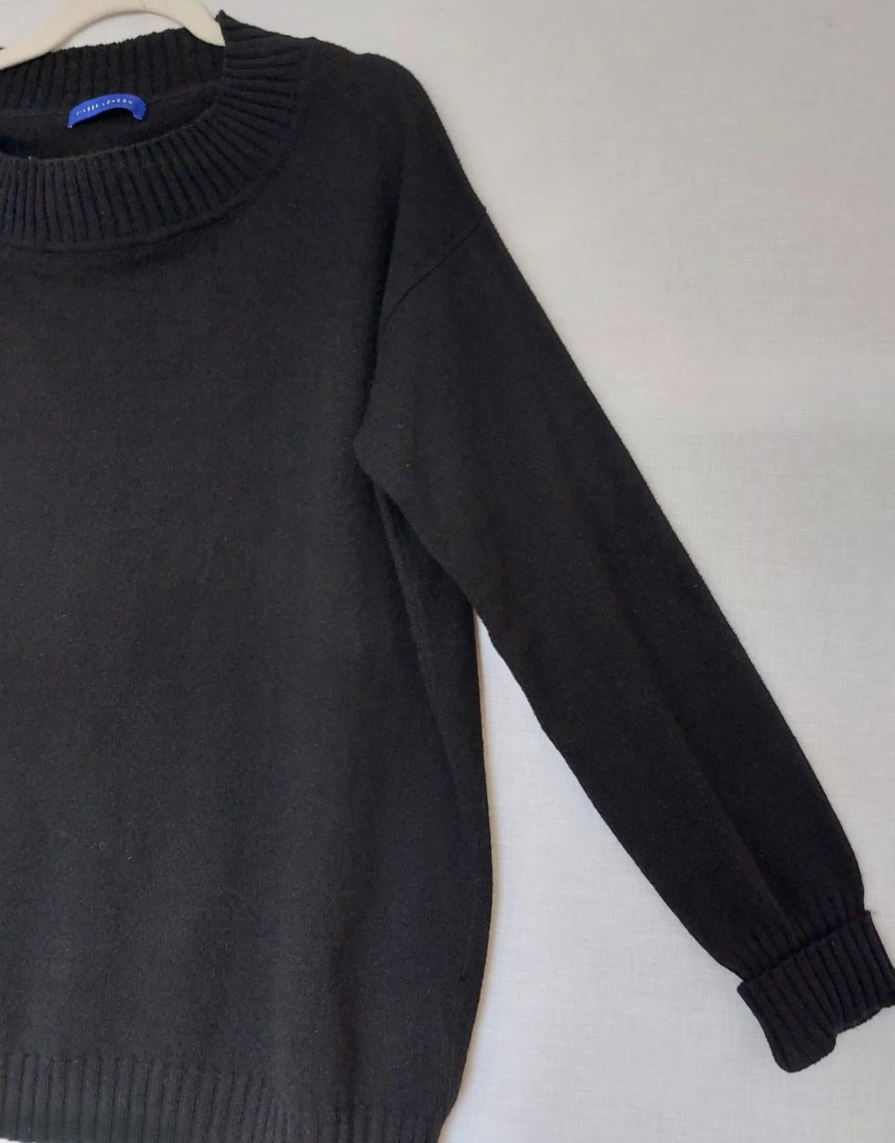WINSER LONDON Large Black 100% Cashmere Jumper Ribbed Collar Cuffs & Hem