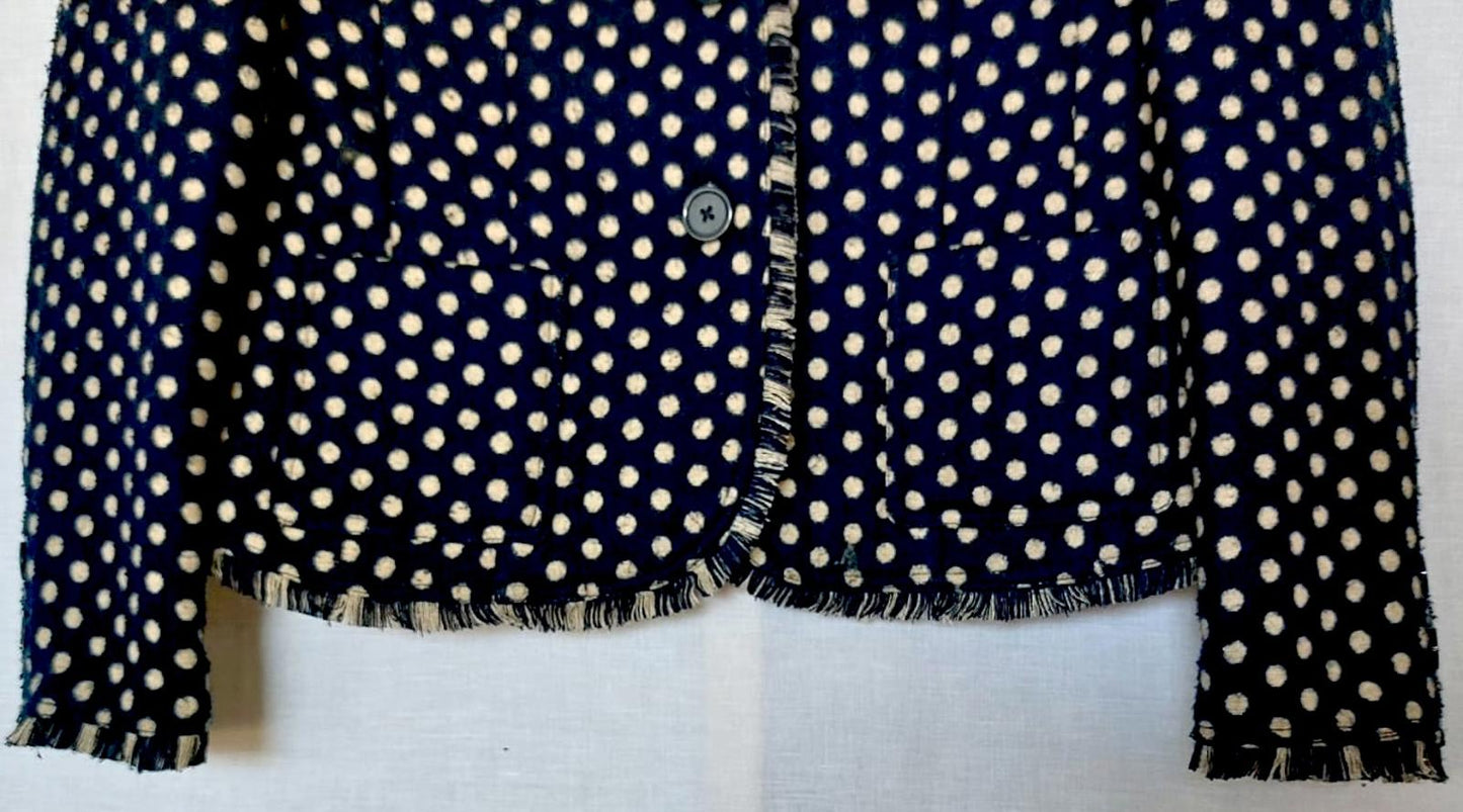 BODEN Jacket 12 Navy Spot Wool Blend Pockets Fringe Trim