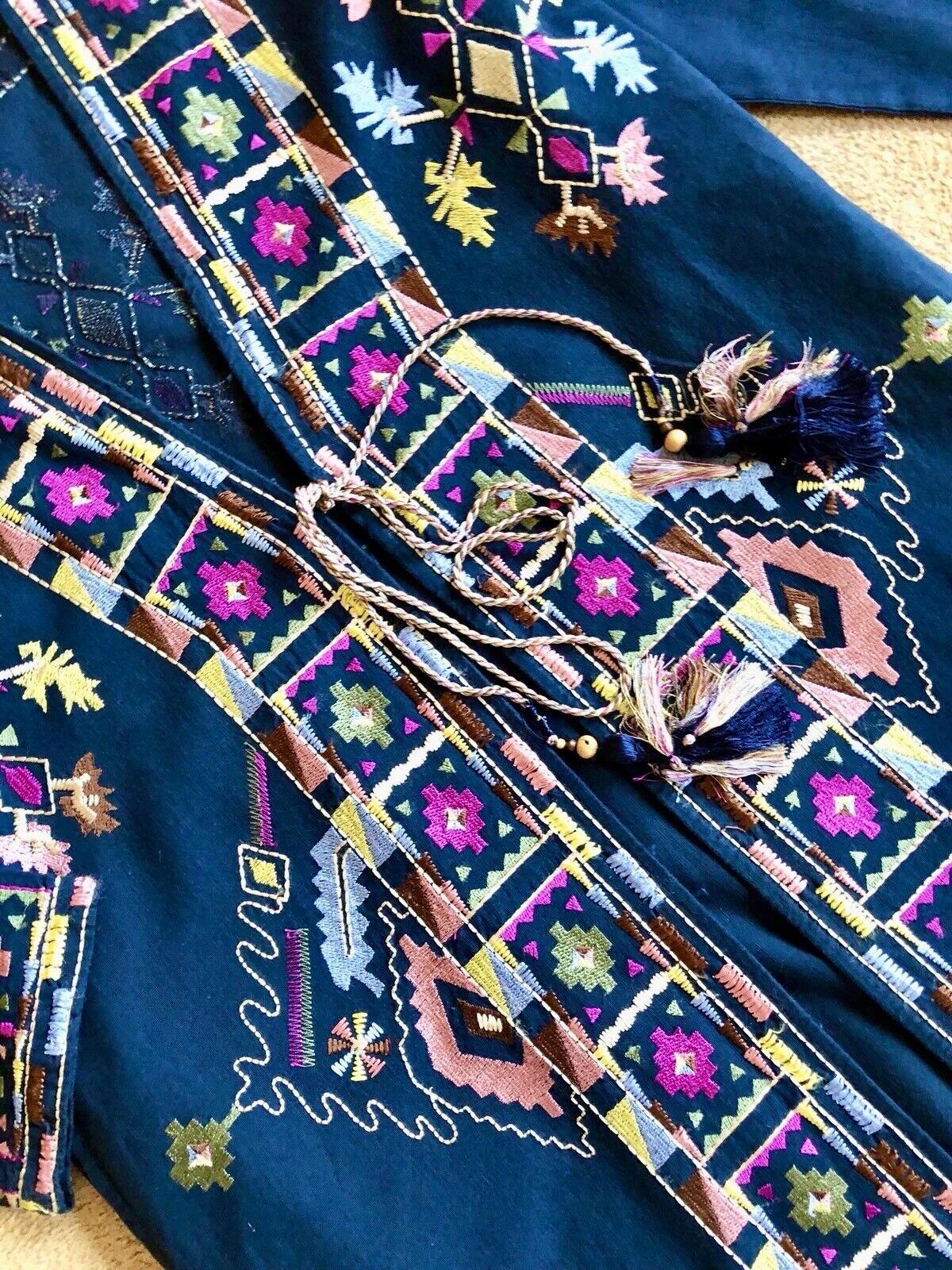 ZARA Coat XS Blue Cotton Embroidered Boho Ethnic Kimono Jacket Long Sleeves