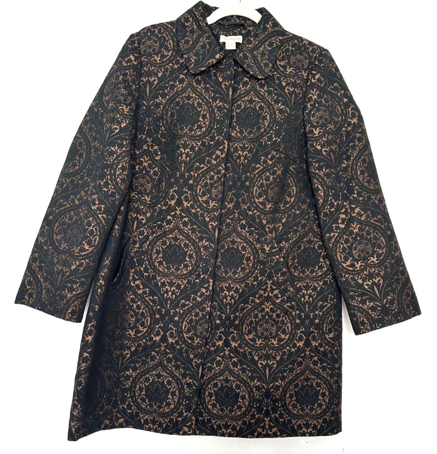 MONSOON Coat 14 Black & Bronze Brocade Concealed Fastenings Long Sleeves