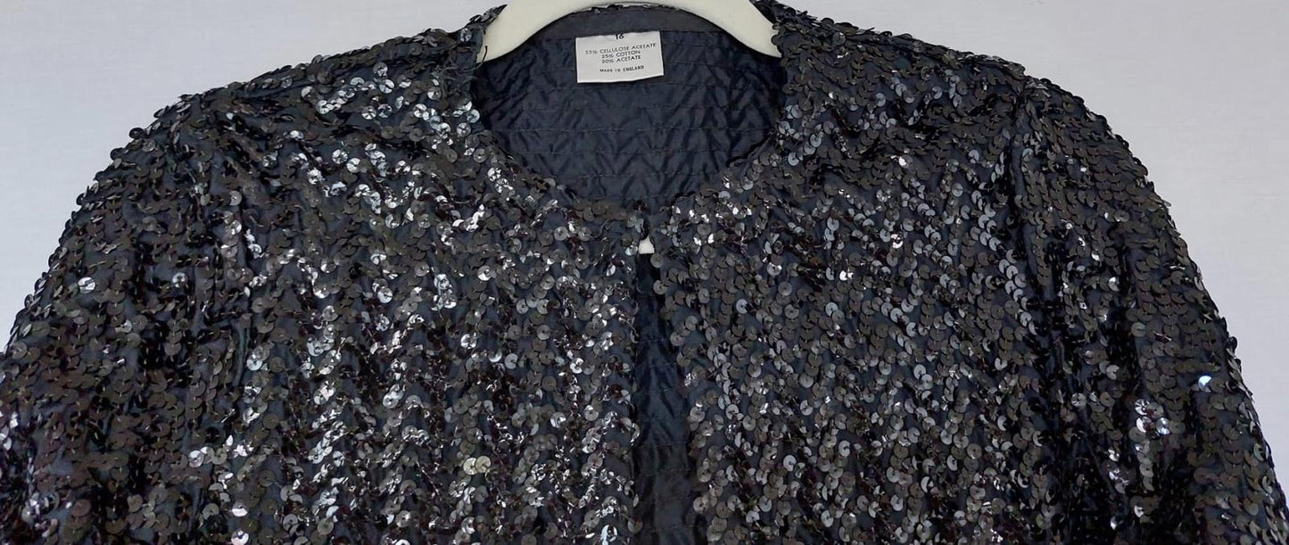 Evening Jacket 16 Black Sequins Lined Long Sleeves Stunning