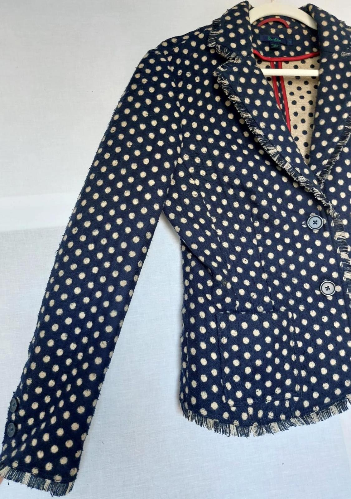 BODEN Jacket 12 Navy Spot Wool Blend Pockets Fringe Trim