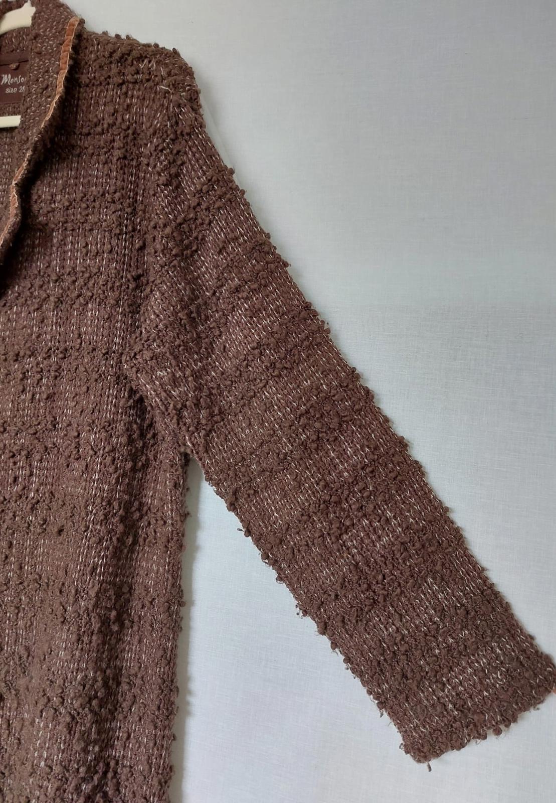 MONSOON Coatigan 20 Brown Wool Blend Velvet Trim Knitted Button Long Sleeves