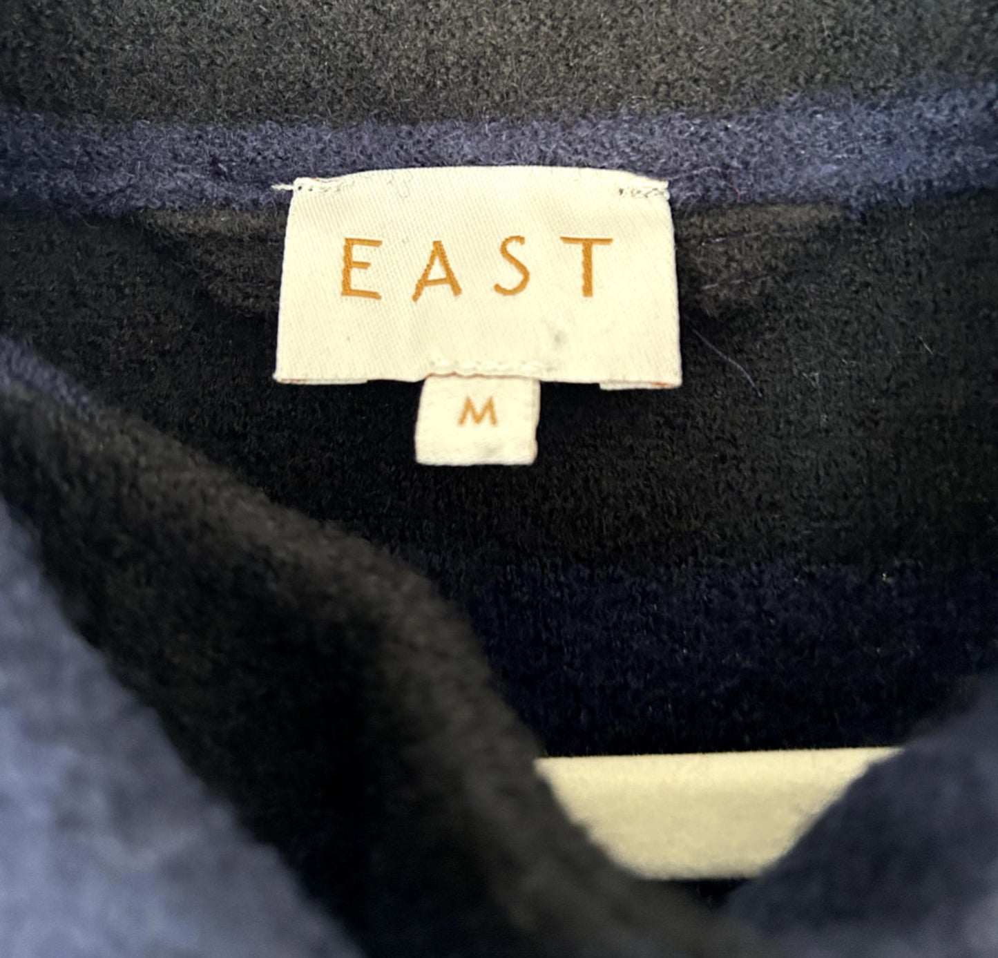 EAST Jacket M Blue & Black Striped Boiled Wool Pea Coat Buttons
