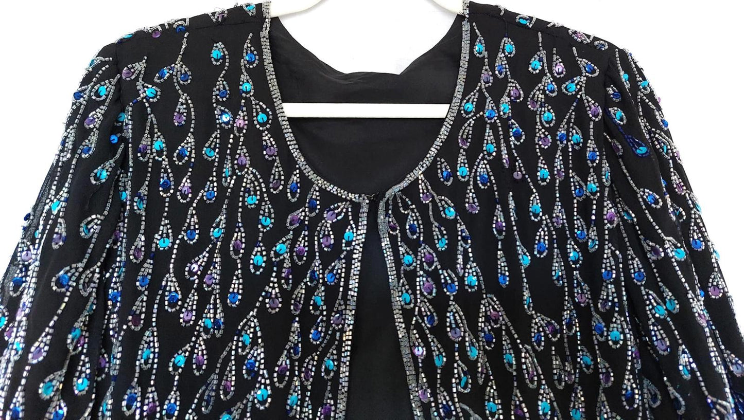 Evening Jacket 22 Black Blue Sequins Beads Lined Long Sleeves Midi Length