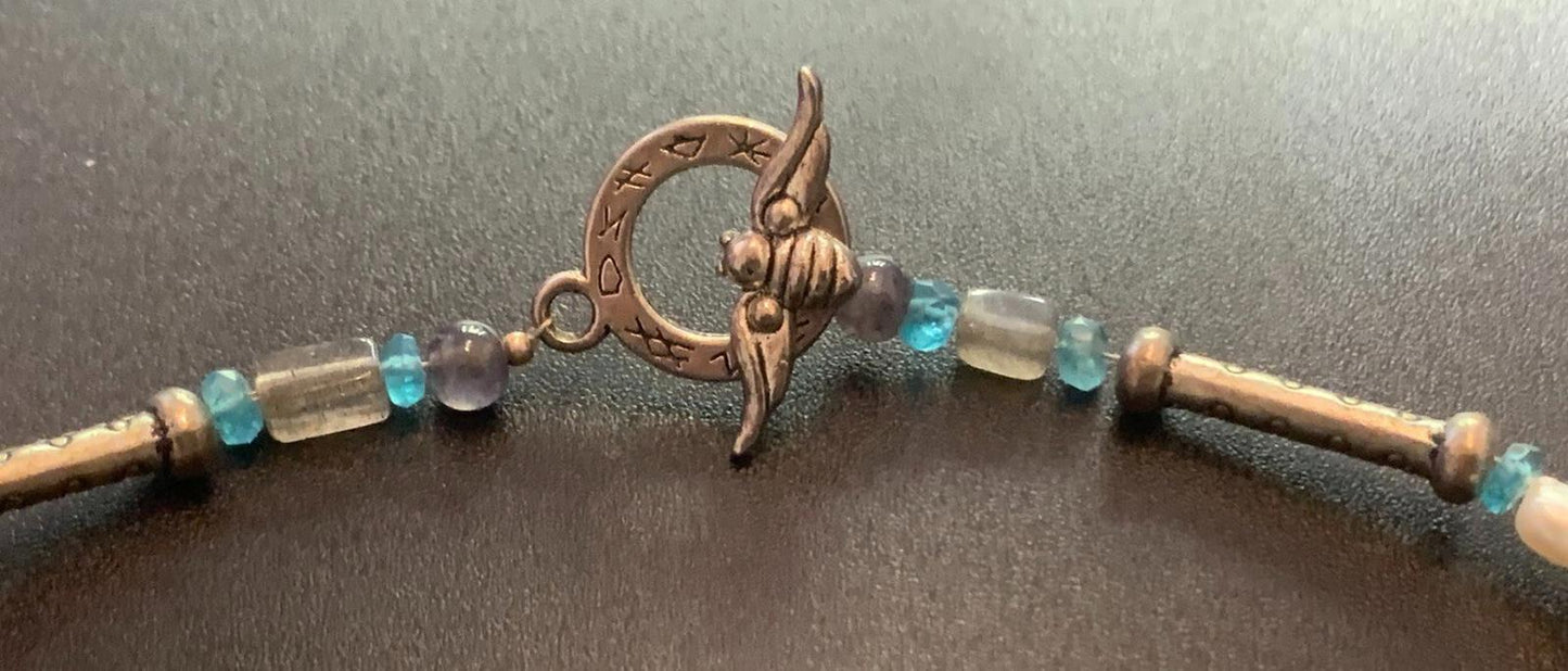 Necklace Pearl & Sapphire Beads Large Baroque Silver Bee Toggle Clasp  17 ins