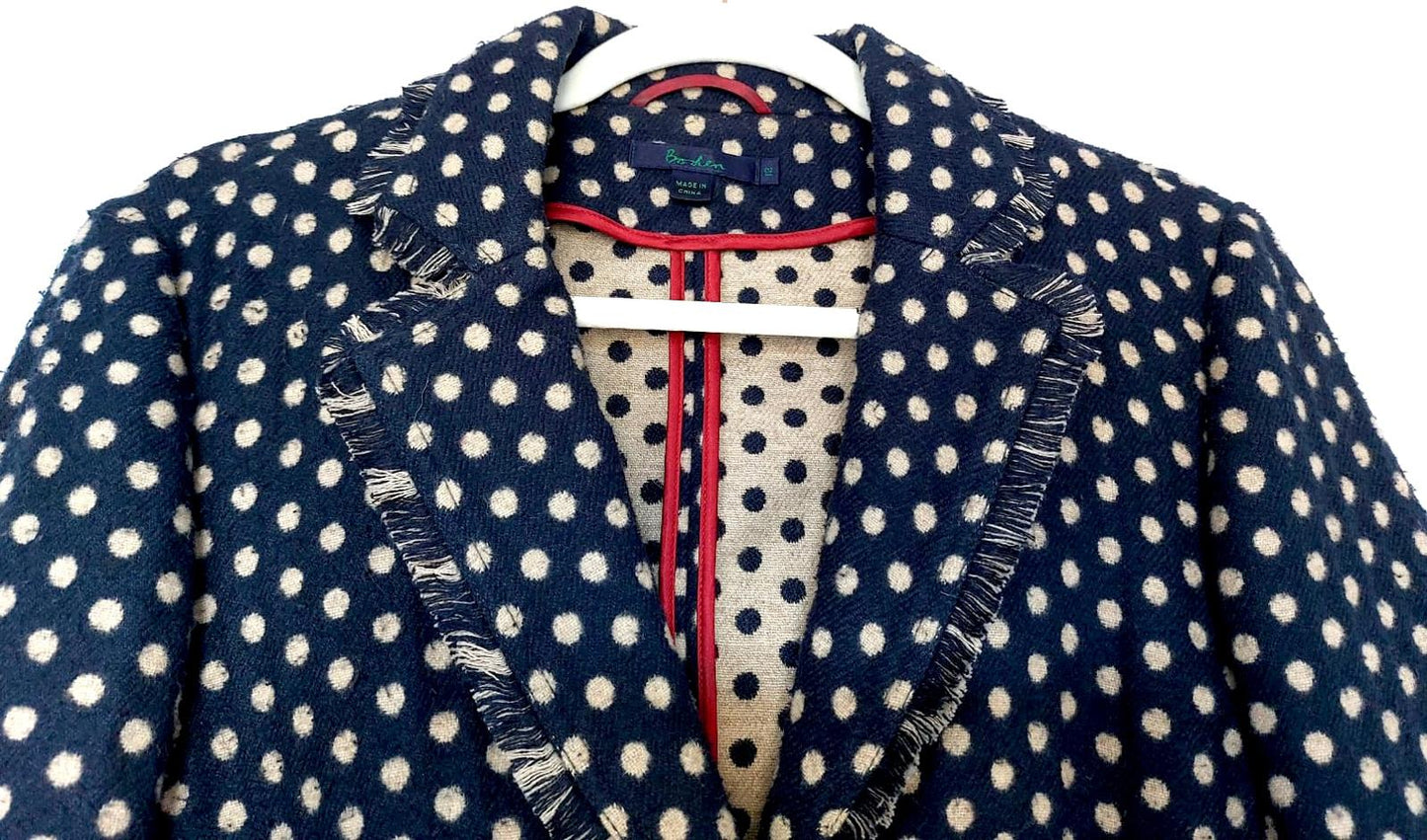 BODEN Jacket 12 Navy Spot Wool Blend Pockets Fringe Trim