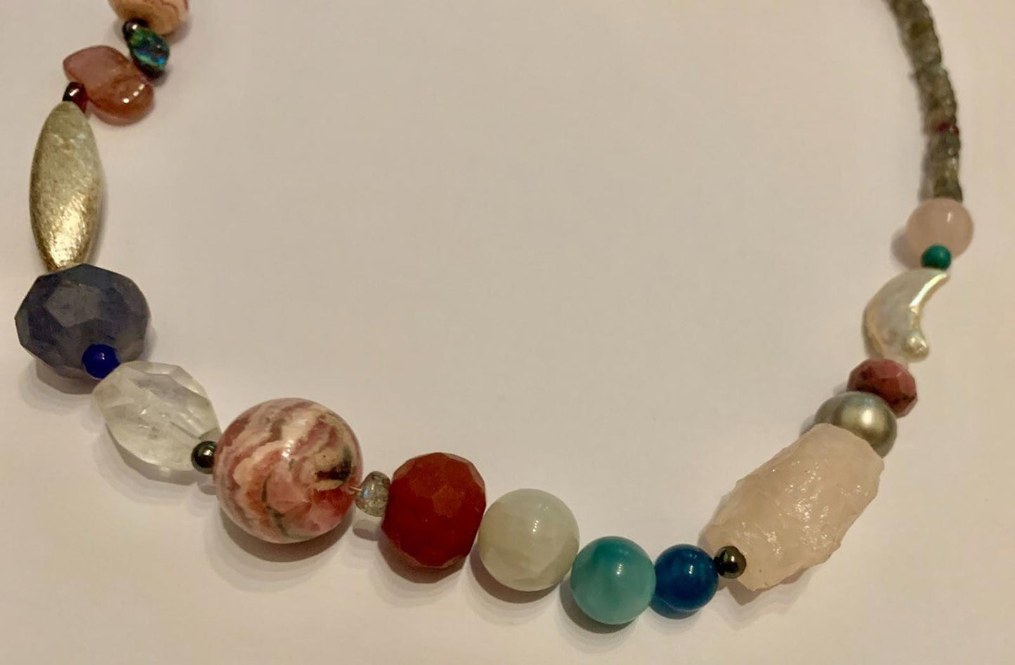 Necklace Sapphire Ruby Moonstone Rhodochrosite Quartz Silver Clasp